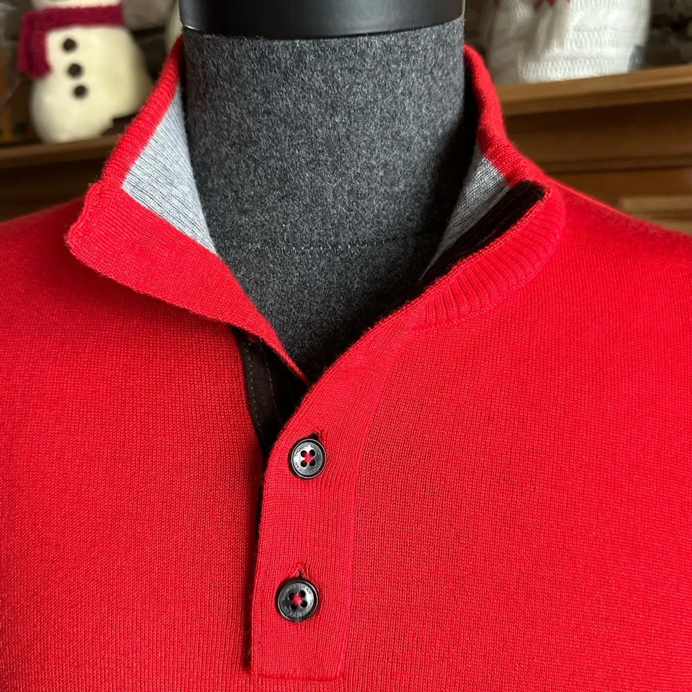 THOMAS DEAN Men’s Red Extra Fine Merino Wool Henley Style Sweater - Size XL - Picture 4 of 13